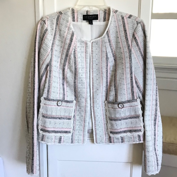 LAUNDRY By Shelli Segal Cropped Open Front Tweed Striped Blazer Jacket Size 10 - Picture 2 of 16